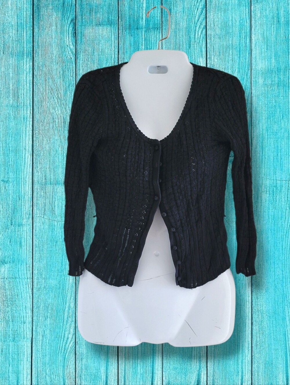 Nine West | Cute Y2K Black Nubby Ribbed Knit 3/4 Sleeve Silk Blend Cardigan